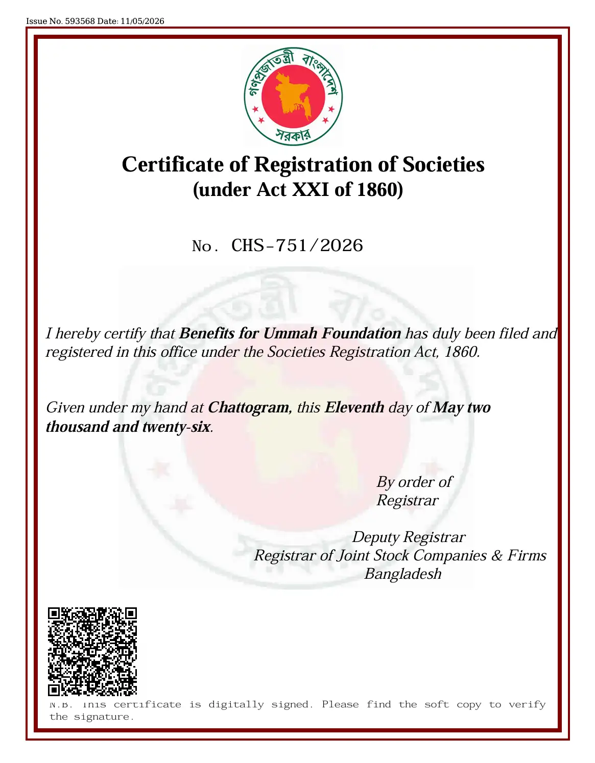 Certificate of Registration of Societies